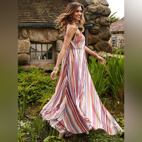 Altar'd State Dresses & Skirts - Altar’d State Quesada Maxi Dress Rainbow Stripe Side Slit Tassels Small EUC